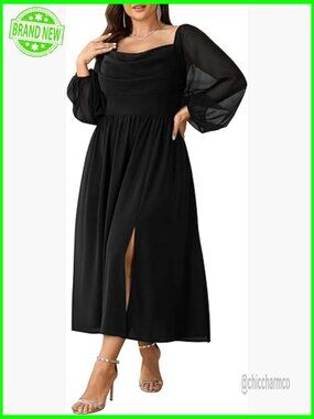 Plus Size Chiffon Maxi Dress Long Sleeve Cowl Neck Cocktail Party